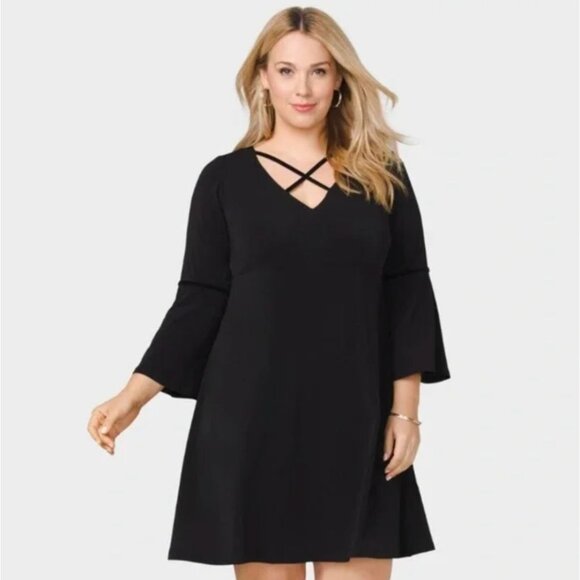 Size 14‎ BLACK CRISS-CROSS BELL SLEEVE SKATER DRESS Day/Evening All-Season Party - Picture 1 of 8